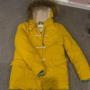 Boden Yellow Puffer Jacket with Faux Fur Hood